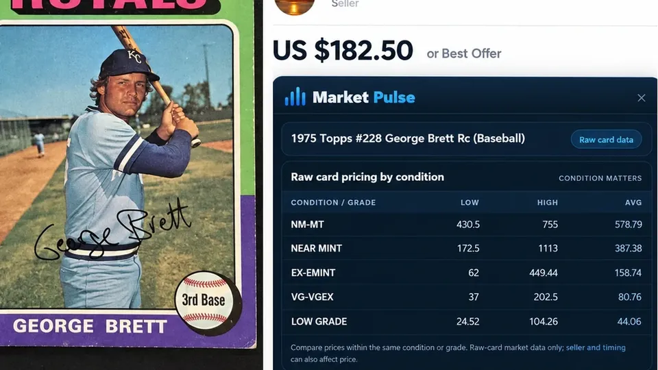 Market Pulse pricing beside a vintage George Brett baseball card listing