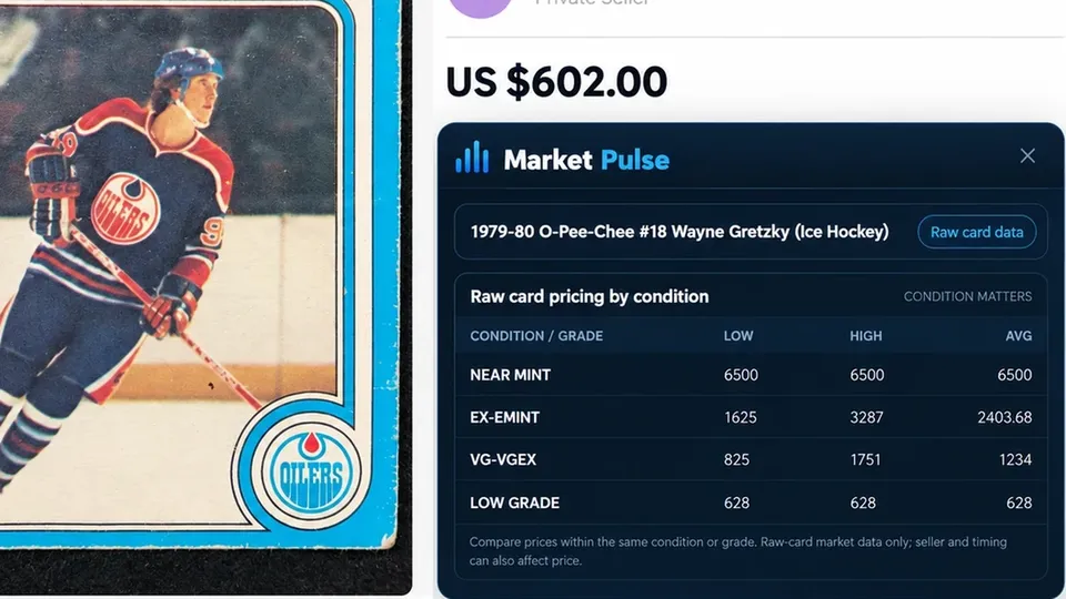 Market Pulse pricing beside a vintage Wayne Gretzky hockey card listing