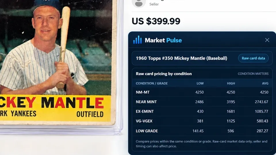 Market Pulse pricing beside a vintage Mickey Mantle card listing