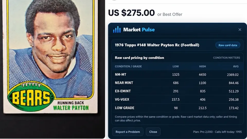 Market Pulse showing raw-card pricing beside a vintage Walter Payton football card listing